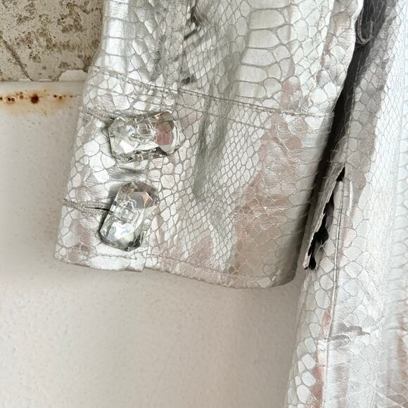 Y2K Wet Seal Snake Print Trench Coat Metallic Silver Jacket Womens S Vtg 2000s - Picture 5 of 9